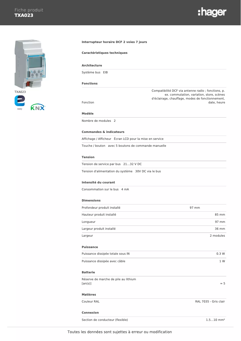 Page 1 de la notice Fiche technique Hager TXA023
