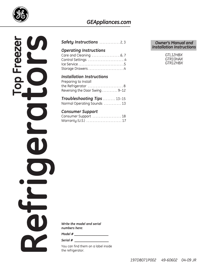 Página 1 del manual Guía de instalación GE GTR12HBXRCC