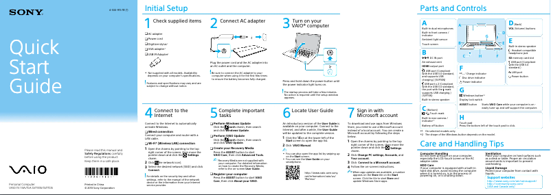 Page 1 de la notice Guide d'installation Sony Vaio Fit 15 SVF15N26CXB