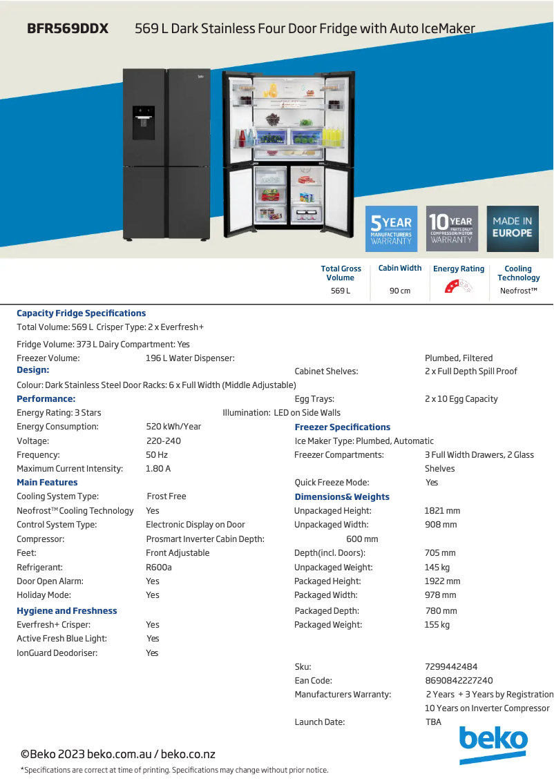 Page 1 de la notice Fiche technique Beko BFR569DDX