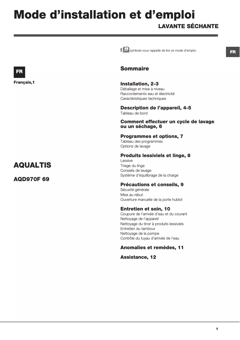 Page n°1 - Manuel utilisateur Hotpoint Ariston AQD970F 69 EU