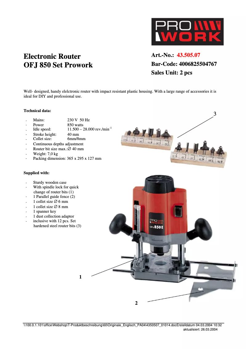 Page 1 de la notice Fiche technique Prowork OFJ 850E