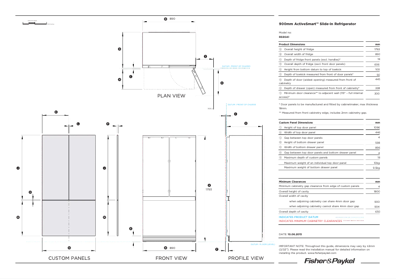 Page 1 de la notice Fiche technique Fisher & Paykel RS90A3