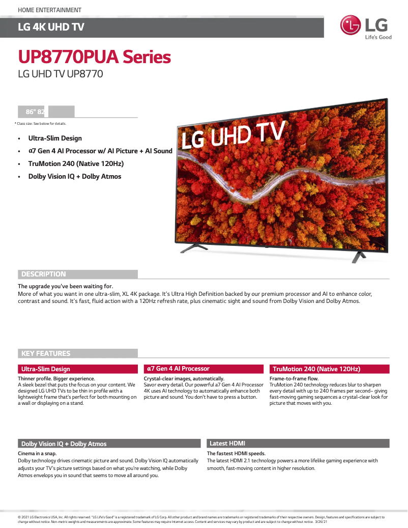 Page 1 of the manual Technical Sheet LG 86UP8770PUA