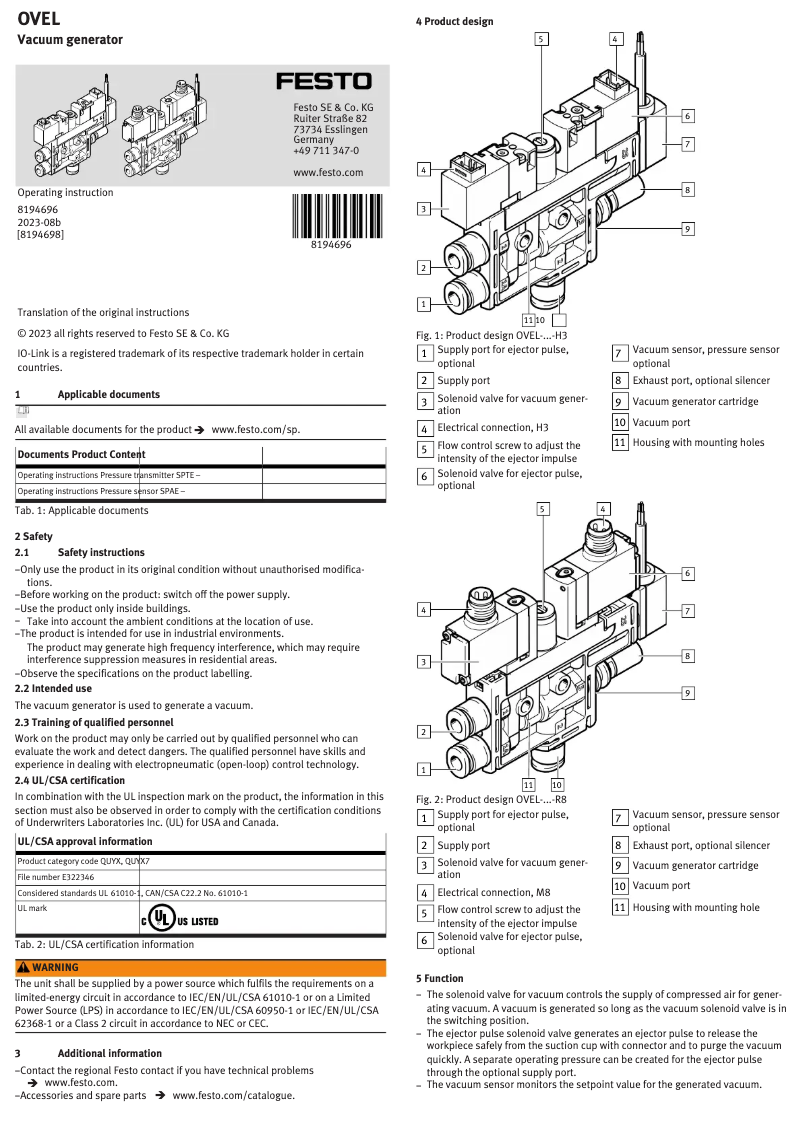 Page n°1 - Manuel utilisateur Festo OVEL-5-H-10-PQ-VQ4-UA-C-A-V1B-H3
