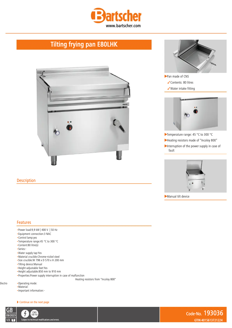 Page 1 de la notice Manuel utilisateur Bartscher E80LHK