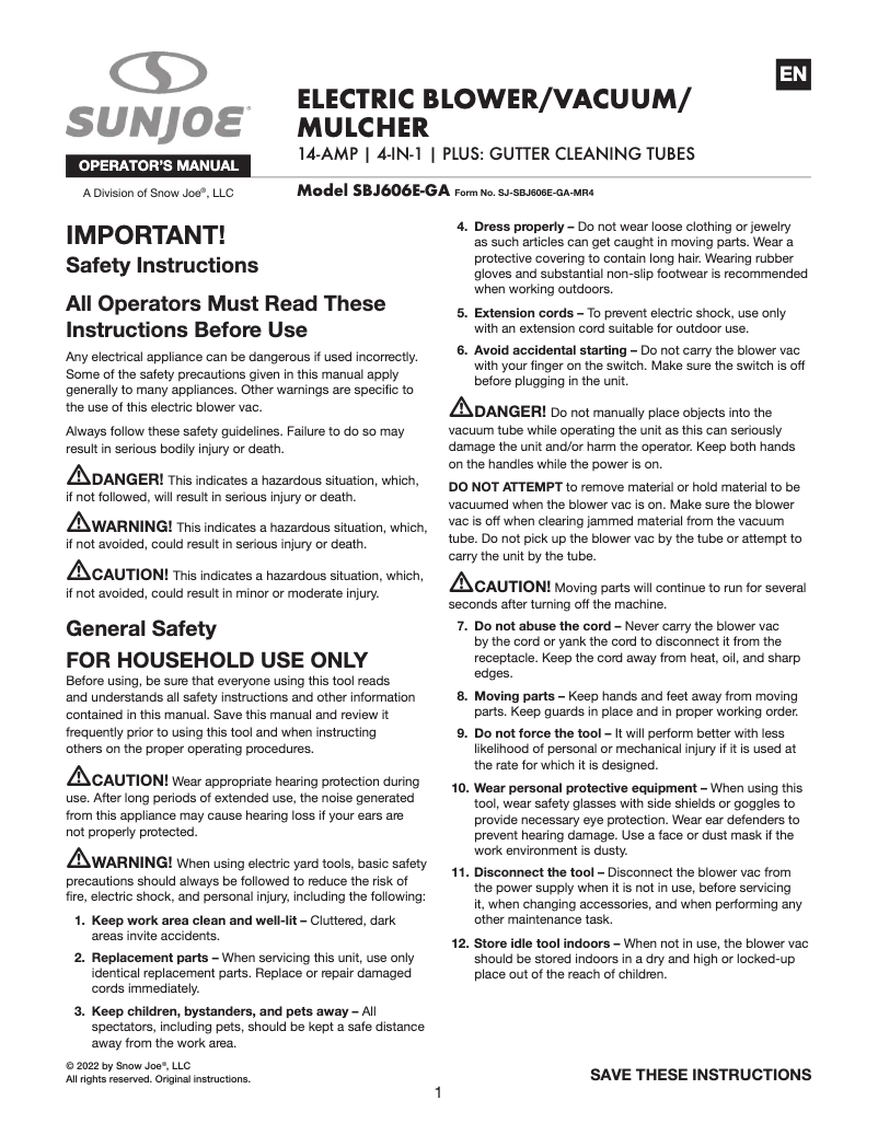 Page 1 de la notice Manuel utilisateur Sun Joe SBJ606E-GA