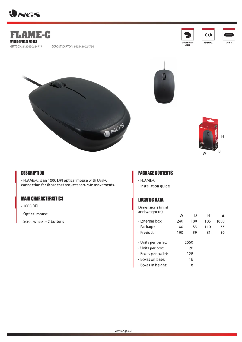 Page 1 de la notice Fiche technique NGS FLAME-C