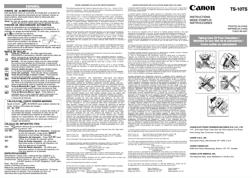 Page 1 de la notice Manuel utilisateur Canon TS-10TS
