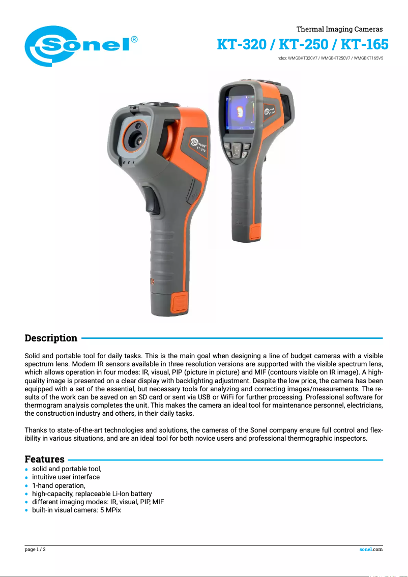 Page 1 de la notice Fiche technique Sonel KT-165