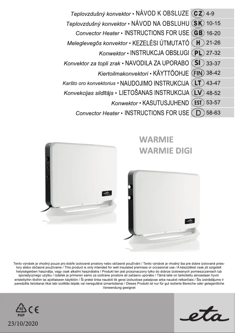 Image de la première page du manuel de l'appareil Warmie Digi 1624 90000