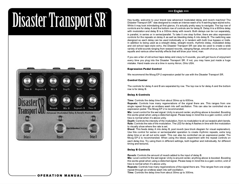 Page n°1 - Manuel utilisateur EarthQuaker Devices Disaster Transport SR