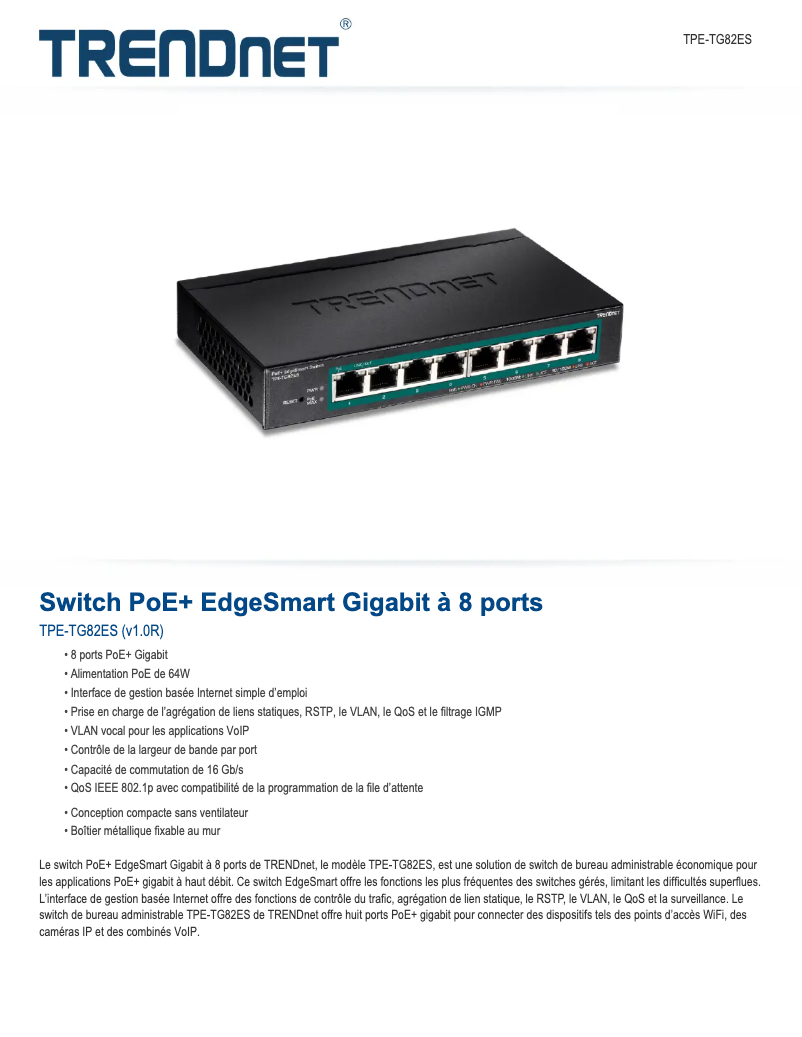 Page 1 de la notice Fiche technique TRENDnet TPE-TG82ES