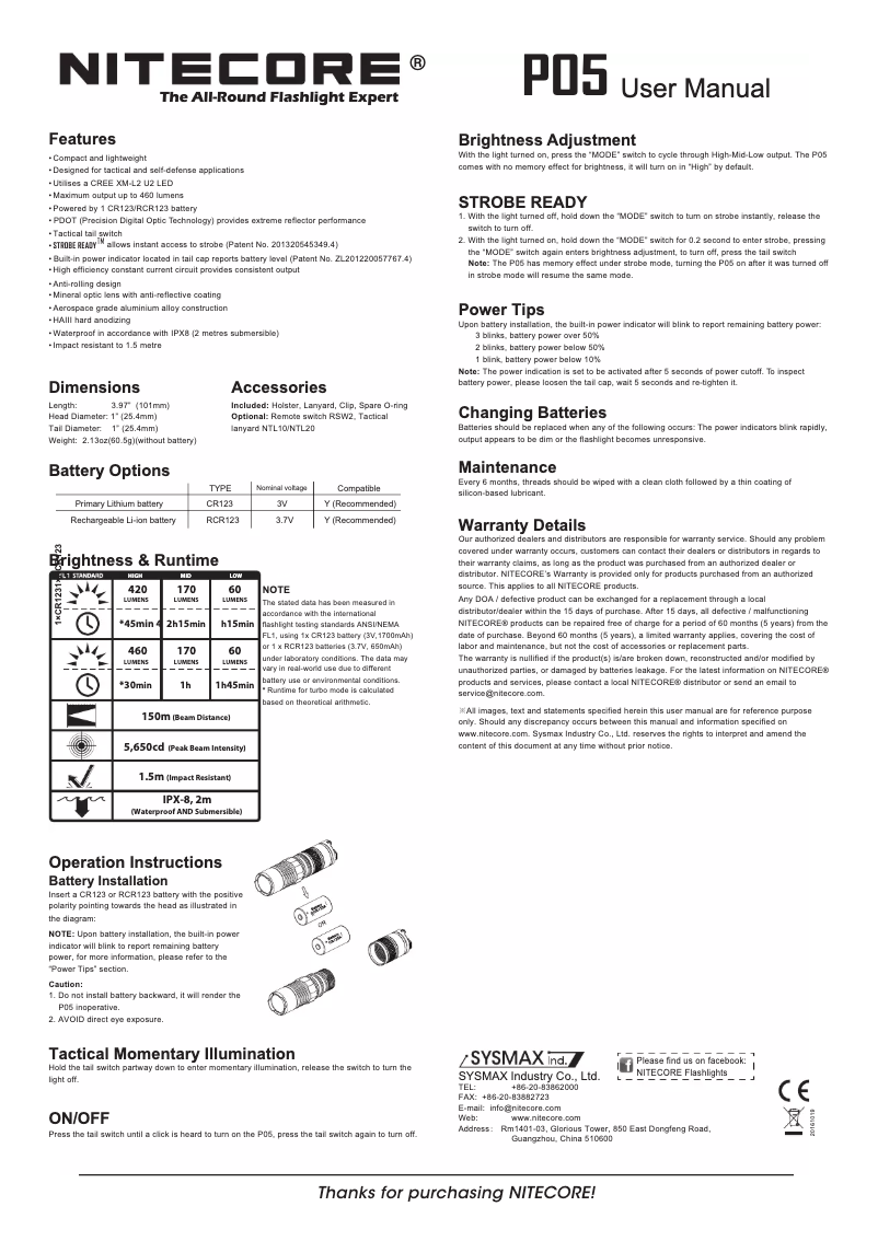 Page n°1 - Manuel utilisateur Nitecore P05