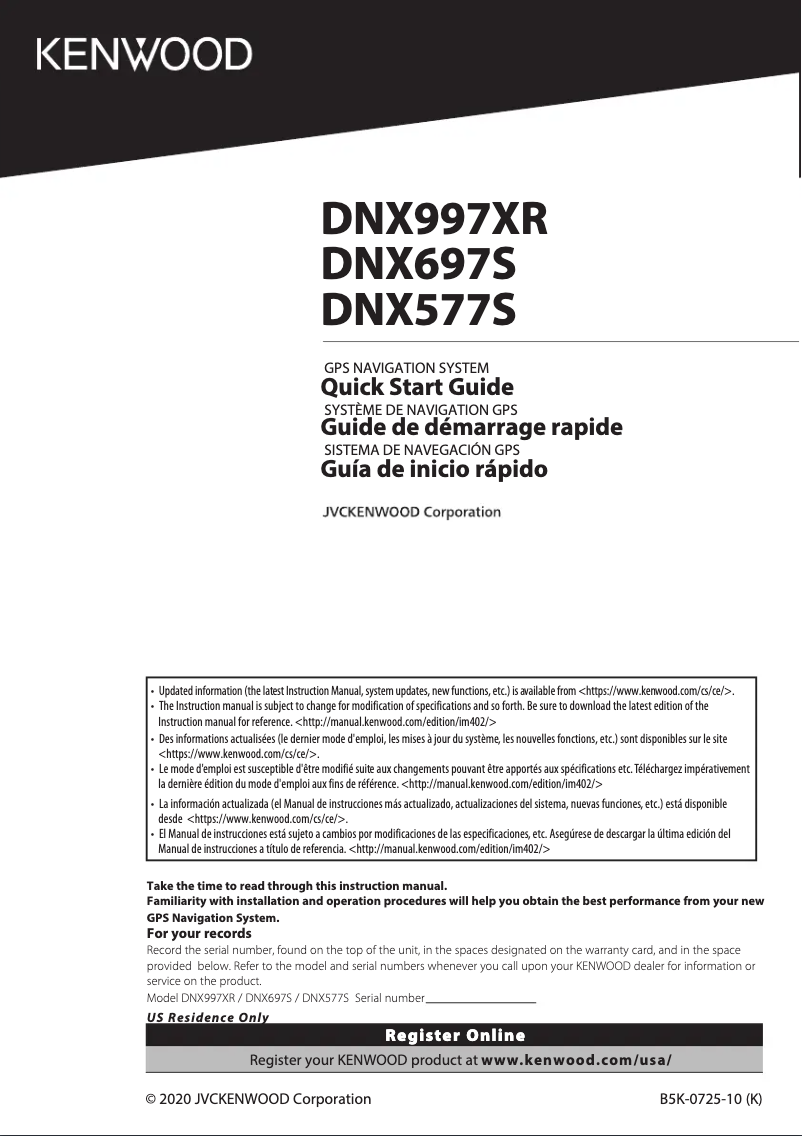Page n°1 - Guide de démarrage rapide Kenwood DNX577S