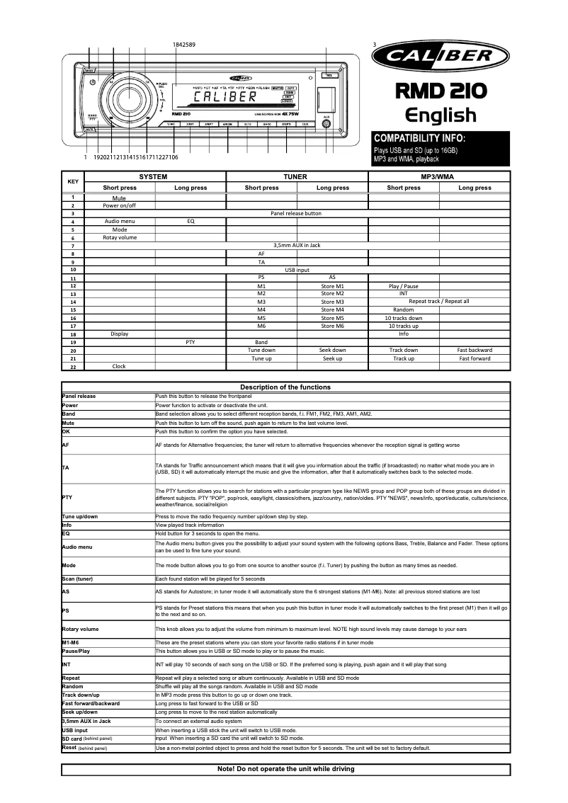 Page 1 de la notice Manuel utilisateur Caliber RMD 210