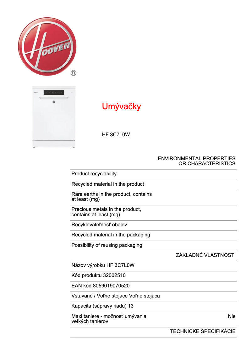 Page n°1 - Fiche technique Hoover H-DISH 300 HF 3C7L0W