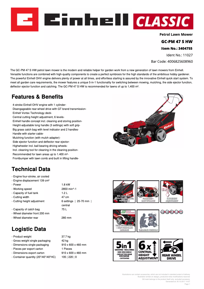 Page 1 de la notice Fiche technique Einhell GC-PM 47 S HW