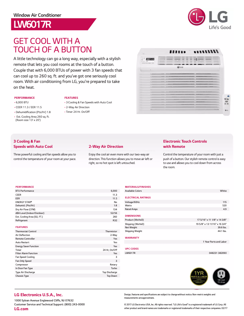 Page 1 de la notice Fiche technique LG LW6017R