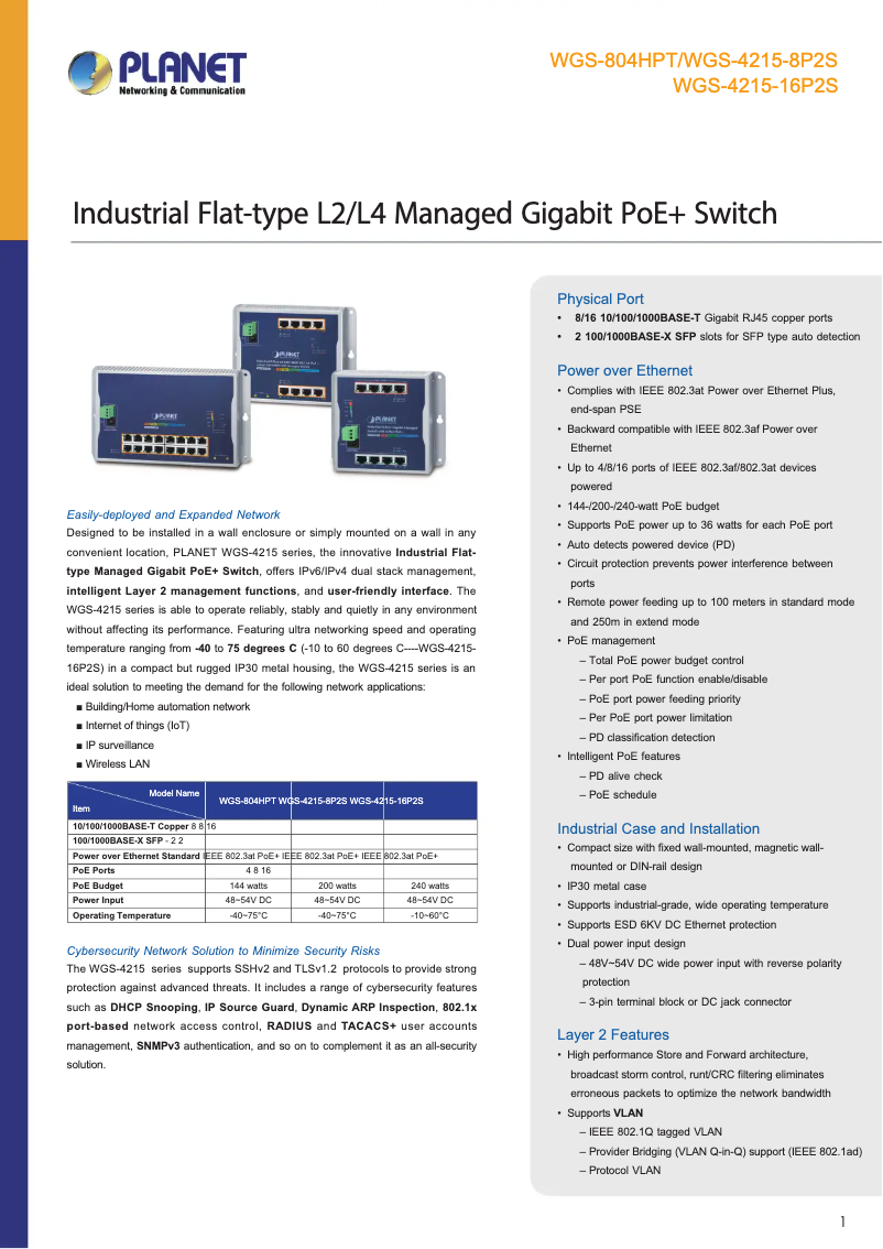 Page n°1 - Fiche technique Planet WGS-804HPT