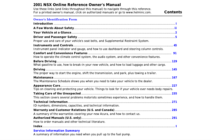 Page 1 de la notice Manuel utilisateur Acura NSX (2001)