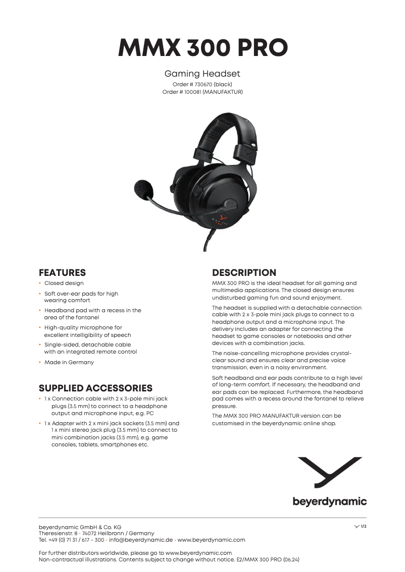 Page n°1 - Fiche technique Beyerdynamic MMX 300 PRO