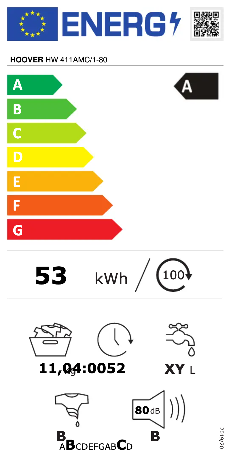 Page n°1 - Label énergétique Hoover H-WASH 500 HW 411AMC/1-80
