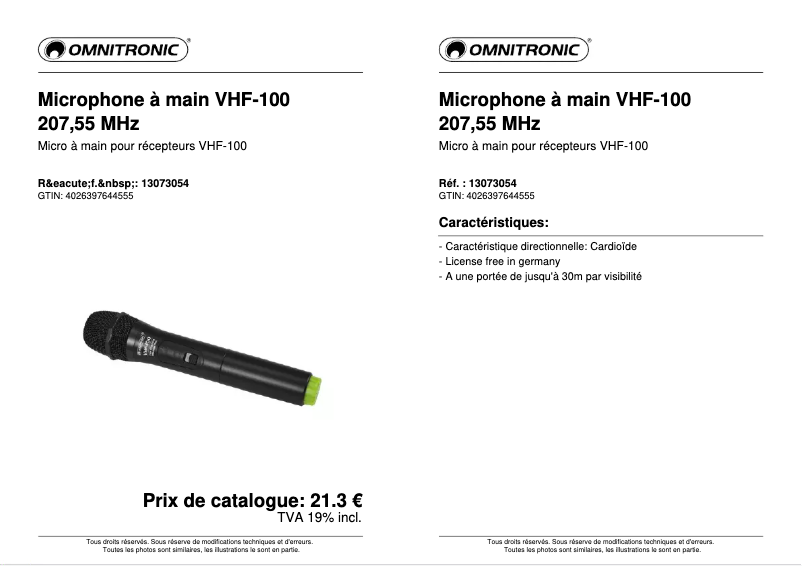 Page n°1 - Fiche technique Omnitronic VHF-100