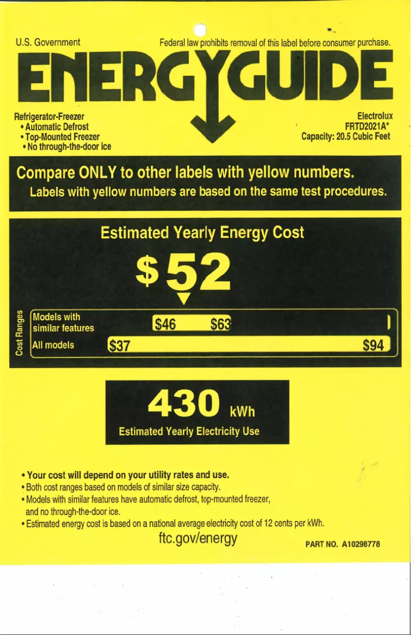 Página 1 del manual Etiqueta energética Frigidaire FRTD2021AB