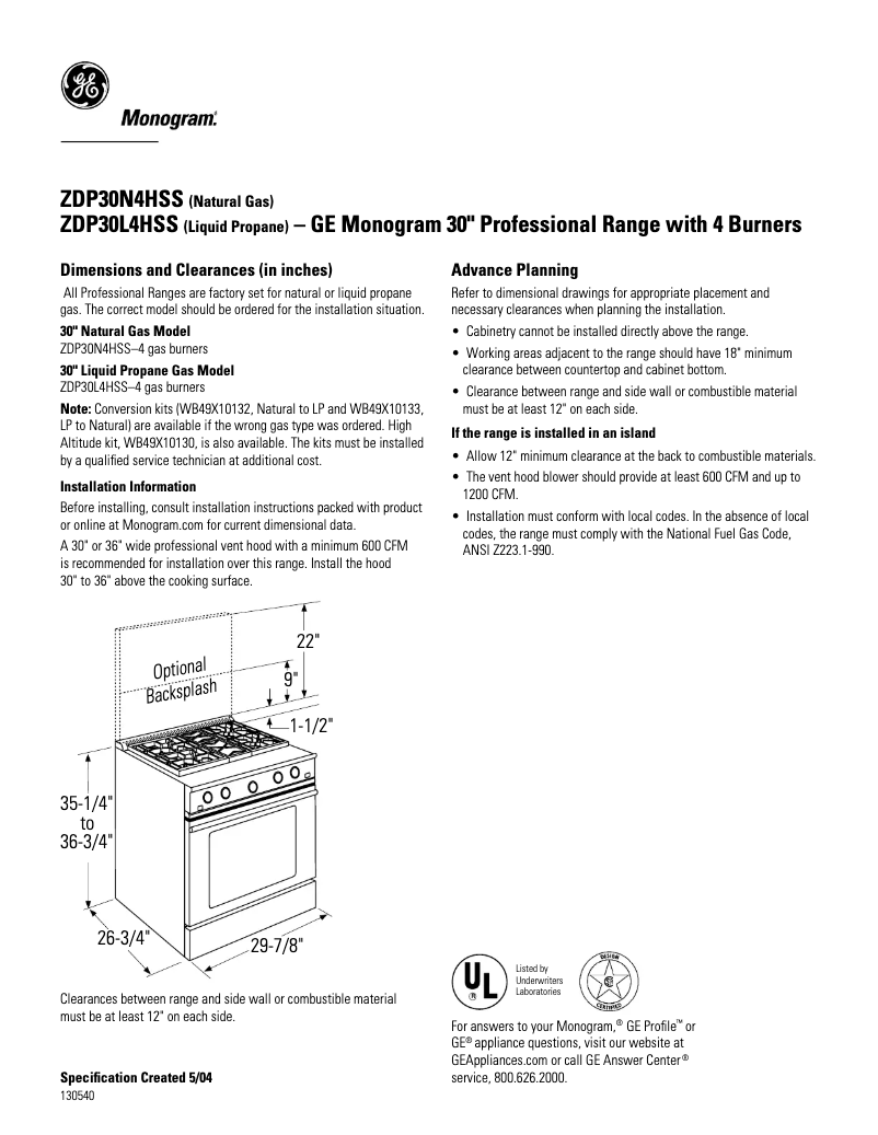 Page n°1 - Fiche technique GE ZDP30N4HSS