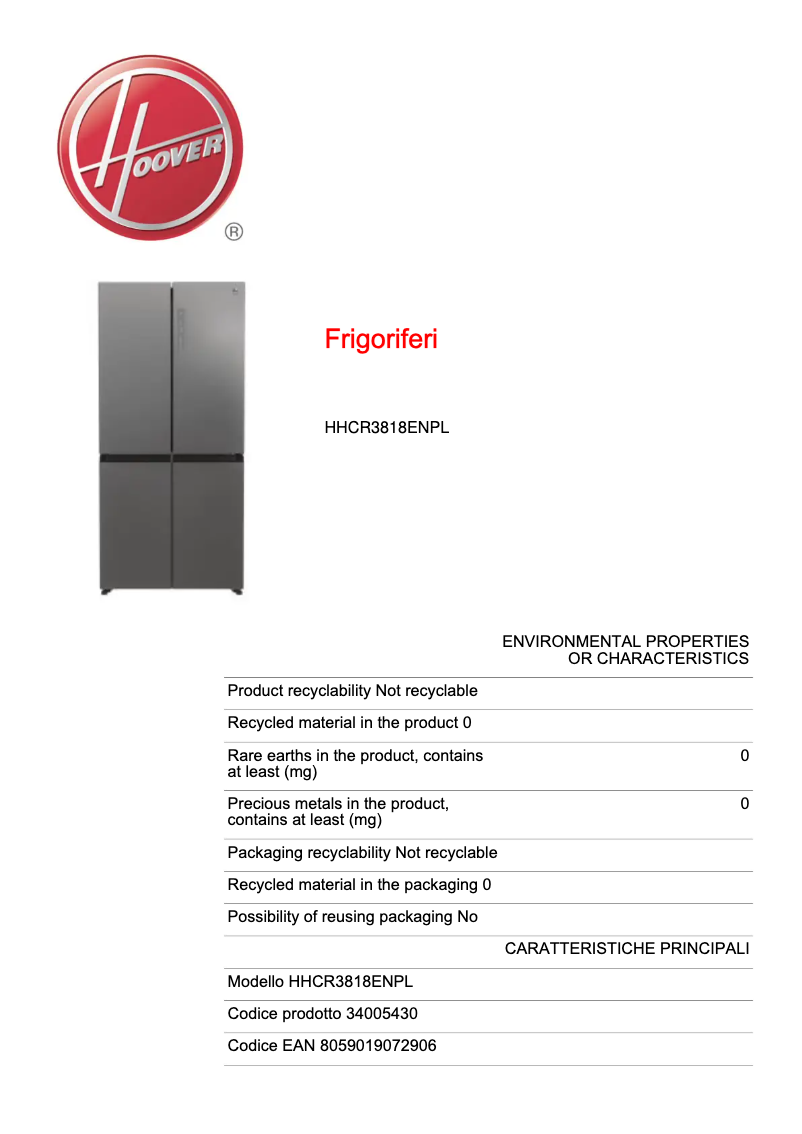 Page 1 de la notice Fiche technique Hoover HHCR3818ENPL