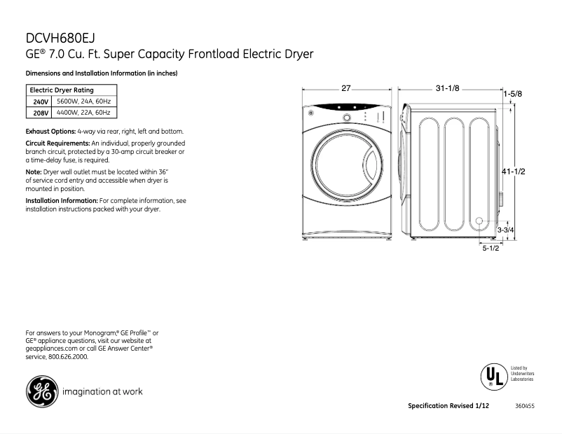 Page 1 of the manual Technical Sheet GE DCVH680EJMR