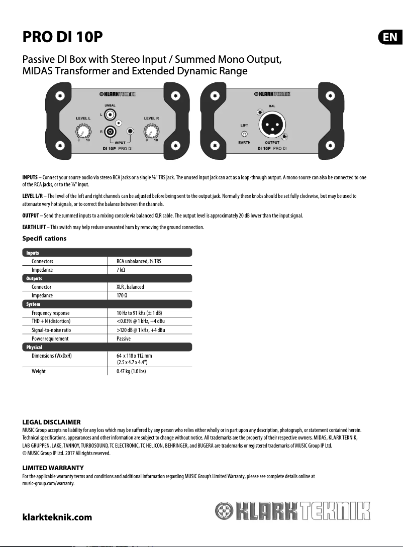 Page 1 de la notice Manuel utilisateur Klark Teknik DI 10P