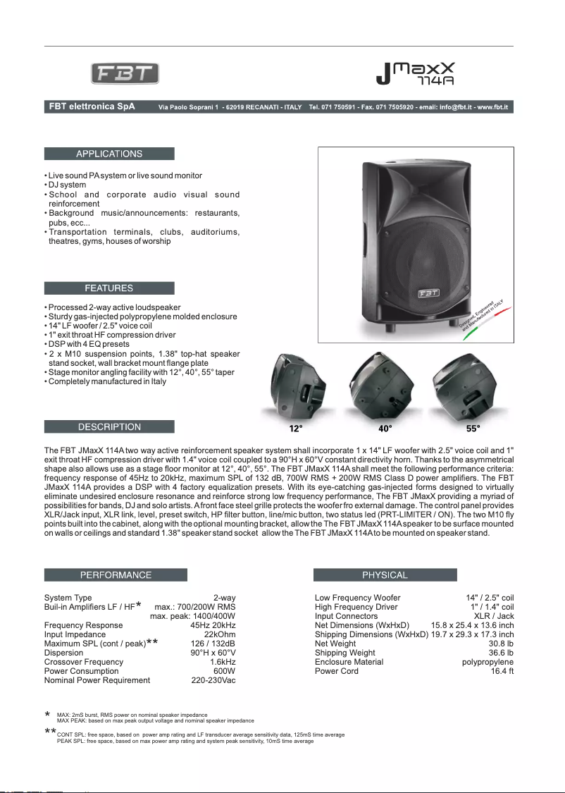 Page 1 de la notice Fiche technique FBT J MaxX 114A