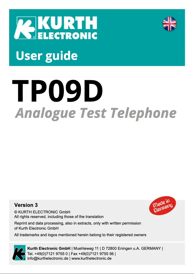 Page n°1 - Manuel utilisateur Kurth Electronic TP09D