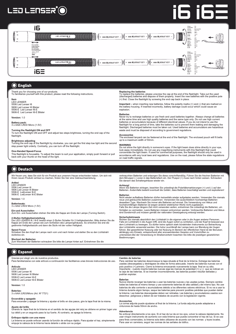 Page 1 de la notice Manuel utilisateur Ledlenser I6E