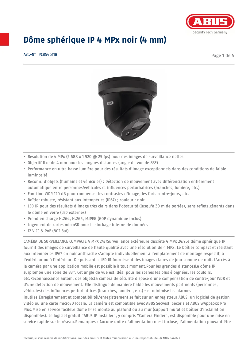 Page 1 de la notice Fiche technique Abus IPCB54611B