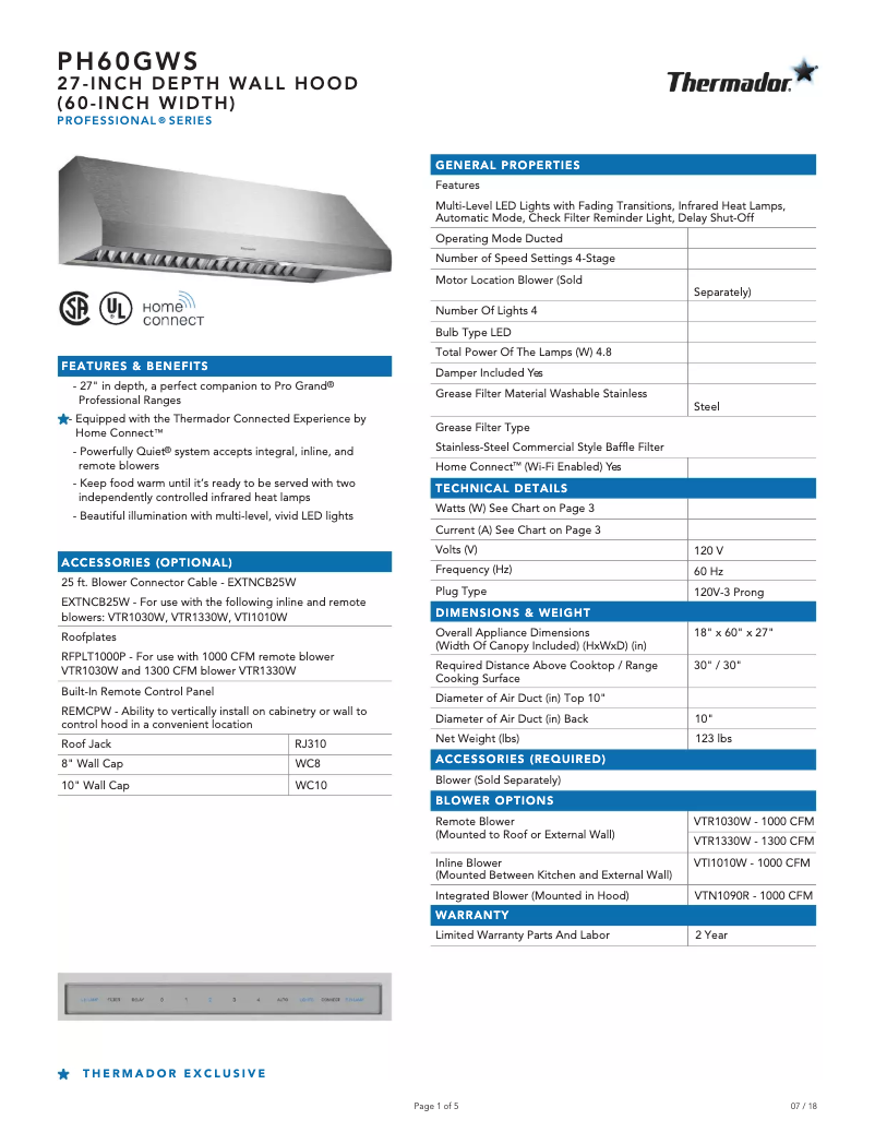 Page 1 de la notice Fiche technique Thermador Professional PH60GWS