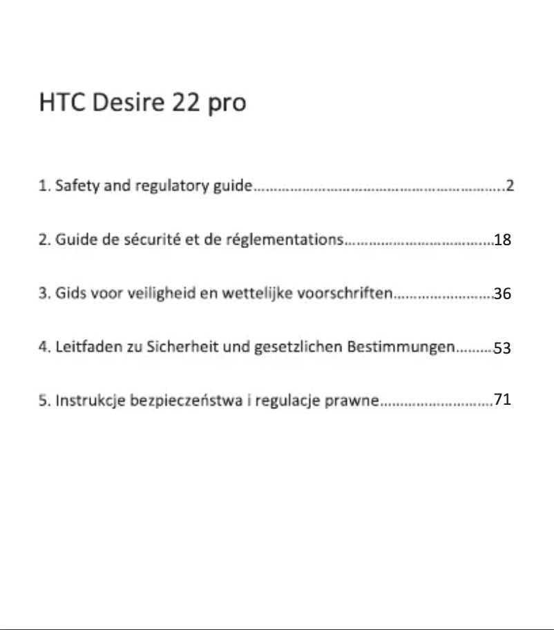 Page 1 de la notice Instructions de sécurité HTC Desire 22 Pro