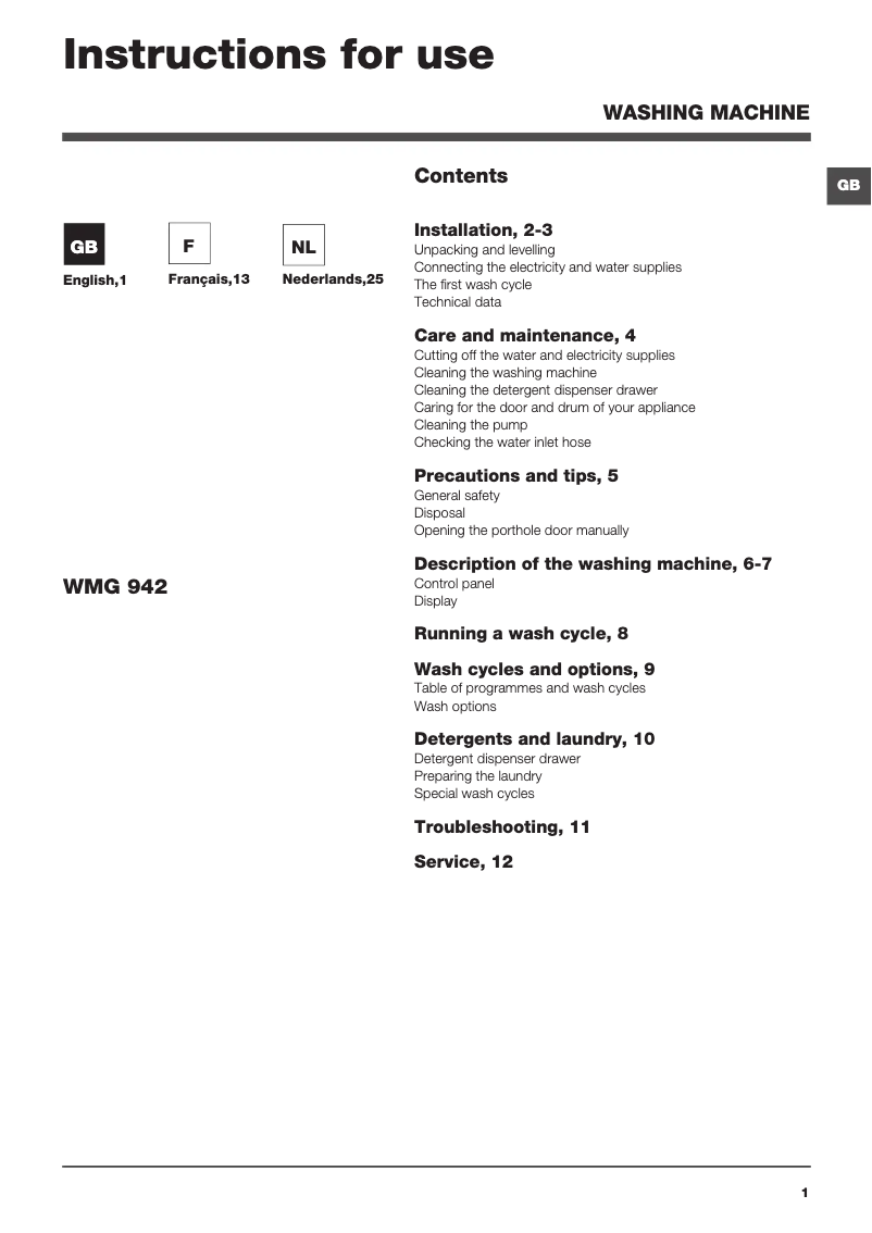 Page n°1 - Manuel utilisateur Hotpoint WMG 942BV EU