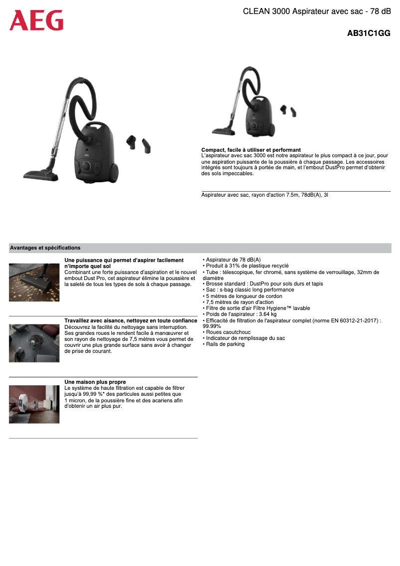 Page 1 de la notice Fiche technique AEG Clean 3000 AB31C1GG