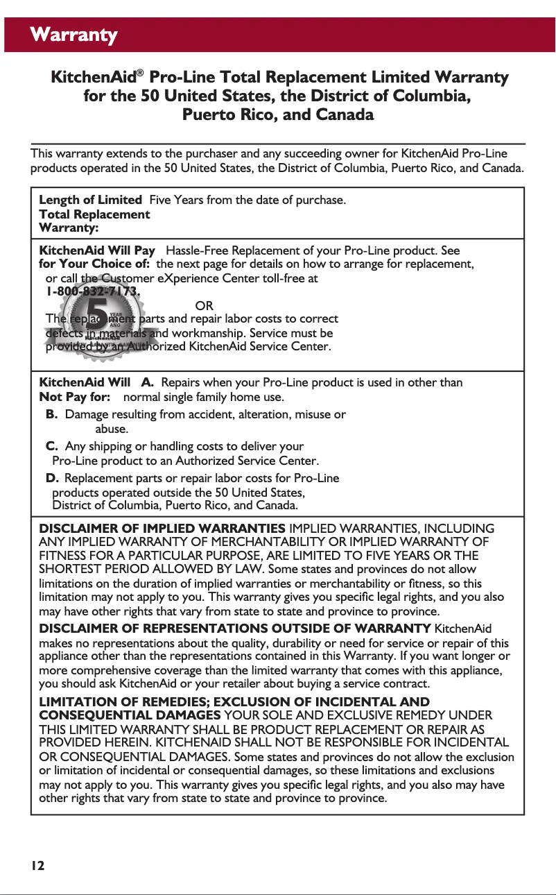 Page 1 de la notice Informations de garantie KitchenAid KMT2203CA