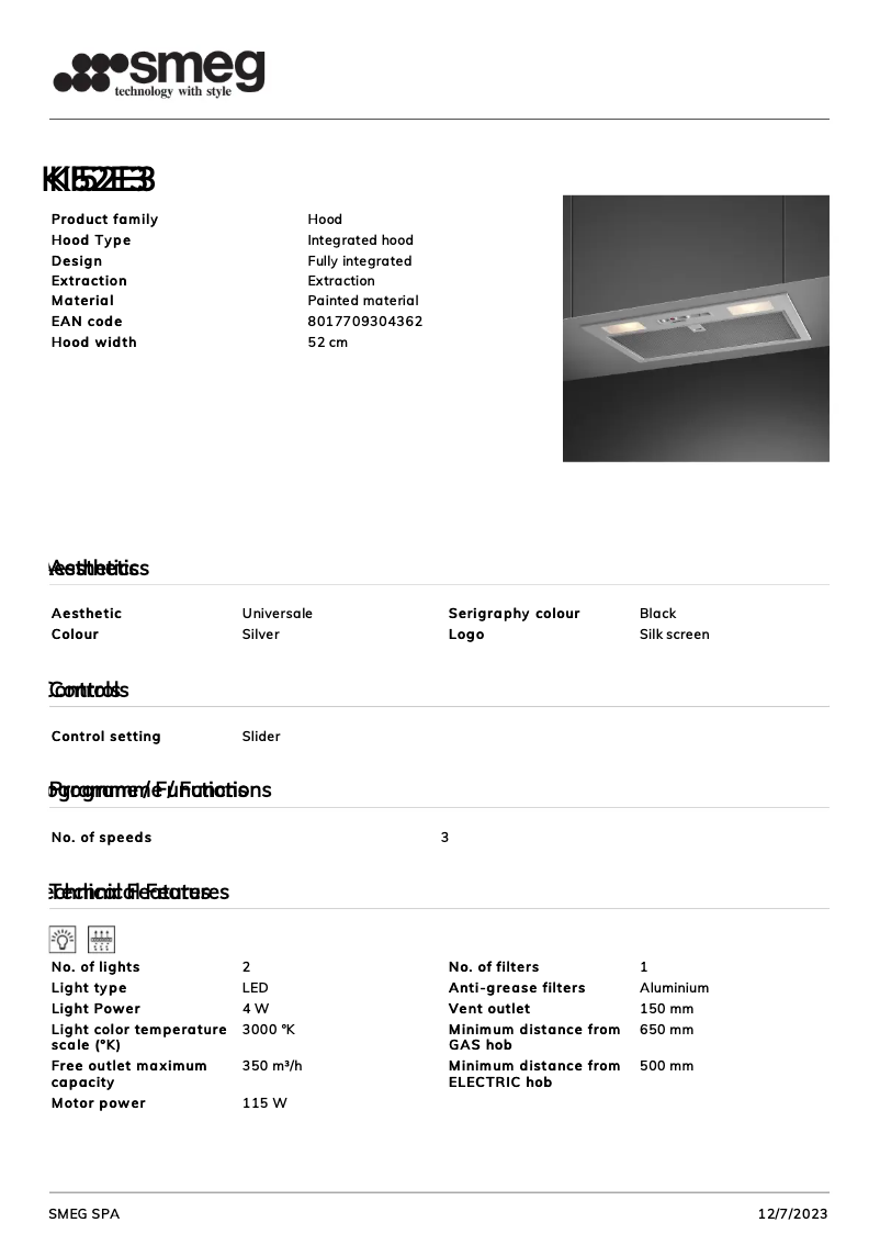 Page 1 de la notice Fiche technique Smeg KI52E3