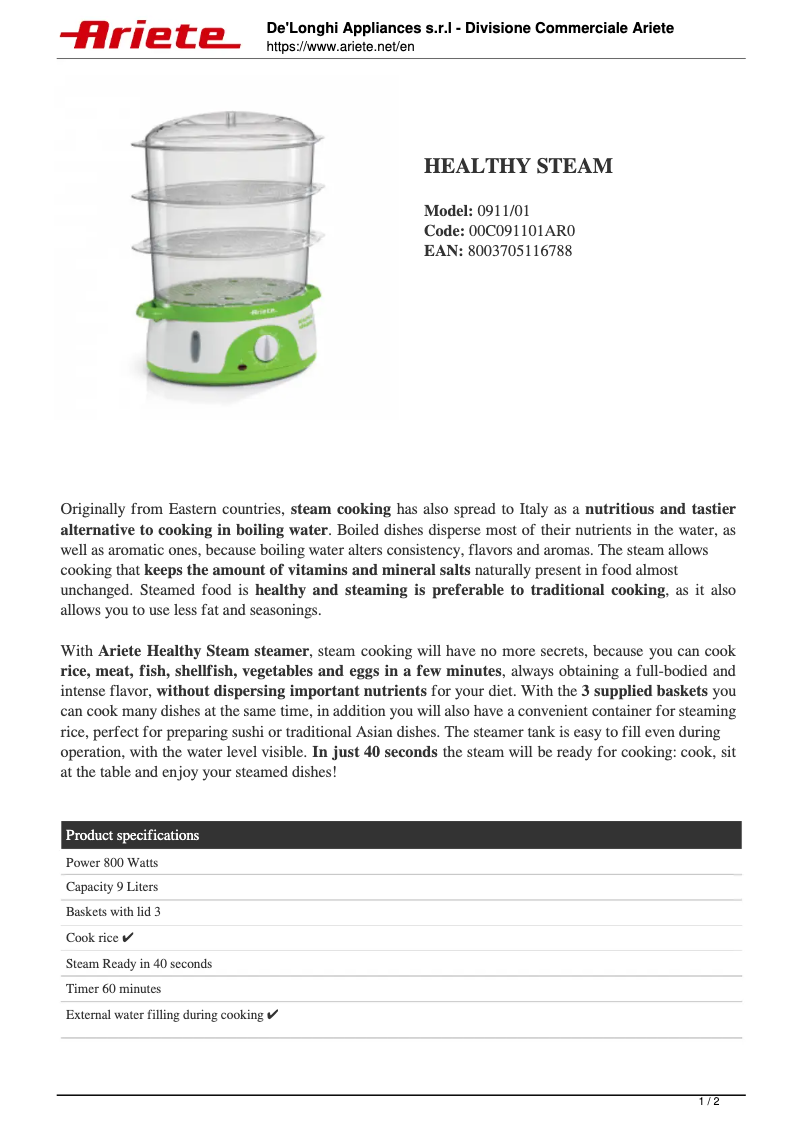 Image de la première page du manuel de l'appareil Healthy Steam 911