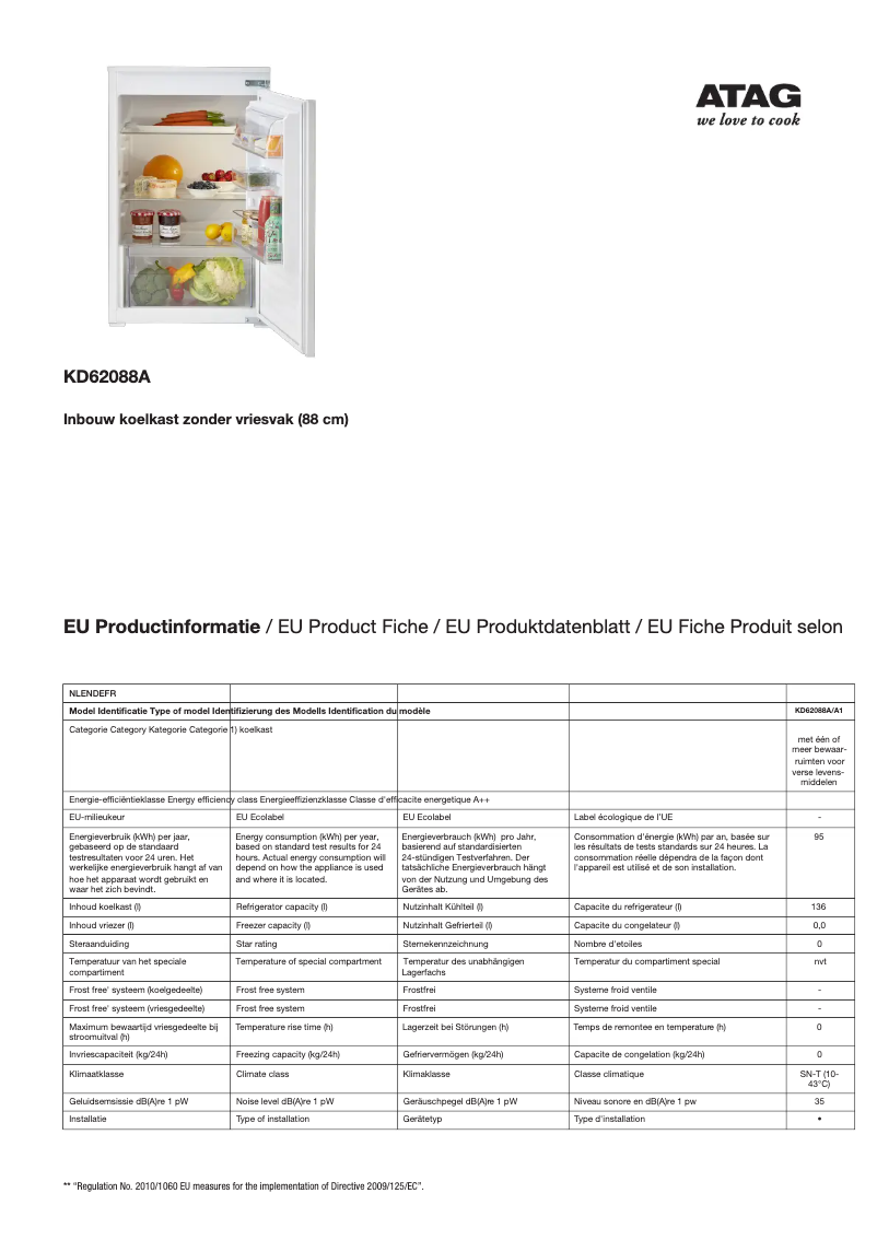Page 1 de la notice Fiche technique Atag KD62088A