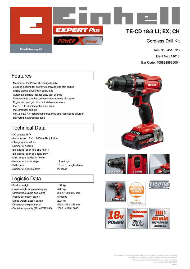 Page 1 de la notice Fiche technique Einhell TE-CD 18/3 Li