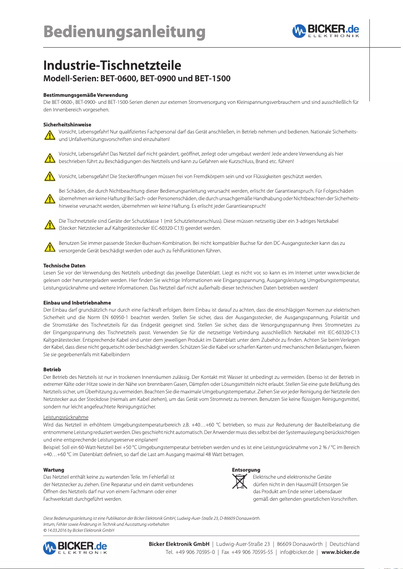 Page n°1 - Manuel utilisateur Bicker Elektronik BET-0919-T