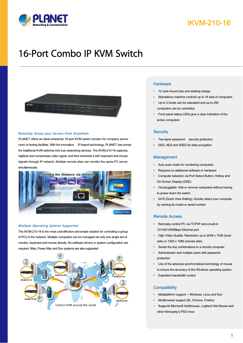 Page 1 de la notice Fiche technique Planet IKVM-210-16
