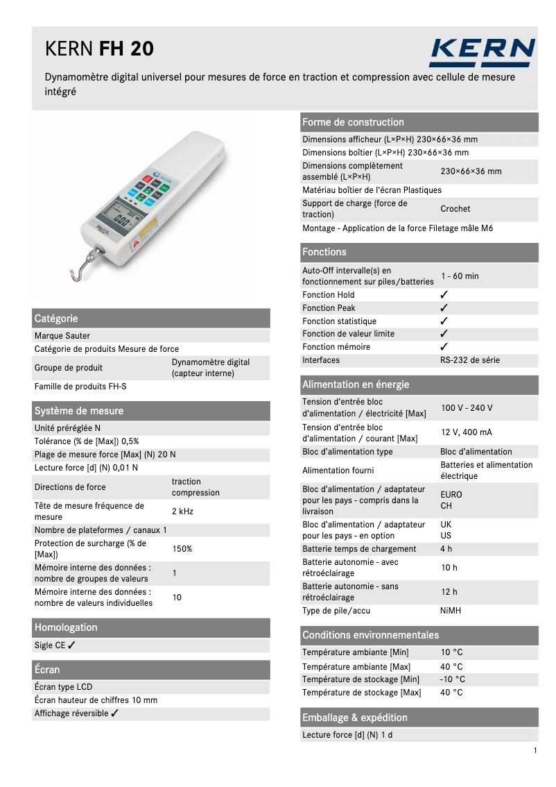 Page 1 de la notice Fiche technique Kern FH 20