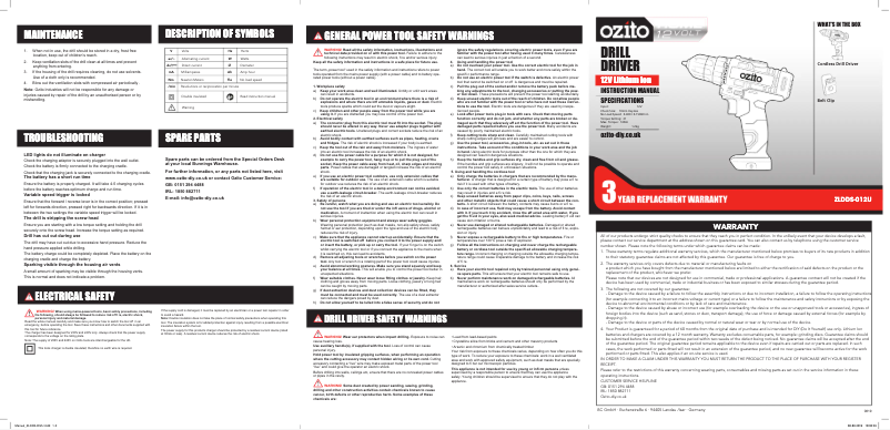 Page 1 de la notice Manuel utilisateur Ozito ZLDDK-150U